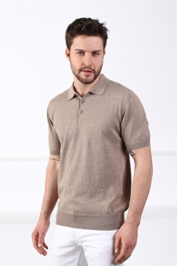 Ferraro Bej Polo Yaka Düz Renk %100 Pamuk Erkek Triko T-Shirt