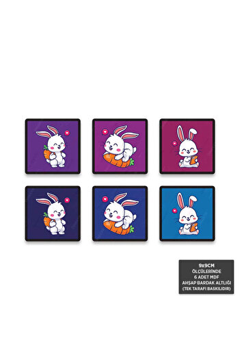 Hayal Poster BA1006 - 6 Pieces Rabbit and Carrot Patterned MDF Cup Set (9x9cm)