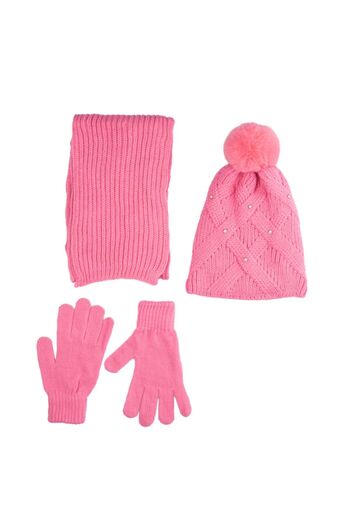 Kitti Three Piece Set Waiter Size Pink Scarf Beret Glove Set Stoned Pompom Does Not Cause Pilling