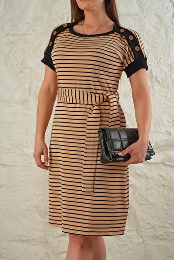 ESPİNA Women's Striped Belted Shoulder Button Detailed Dress