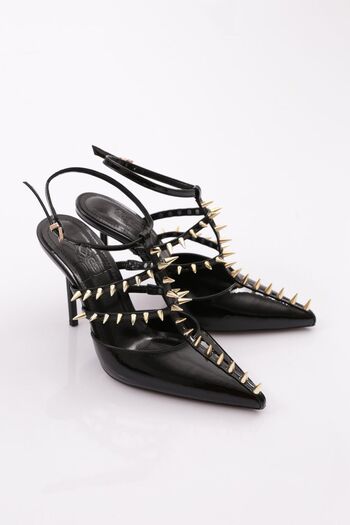 DGN Black Patent Leather Women's Evening Dress Shoes with Metal Barbs - 564521085