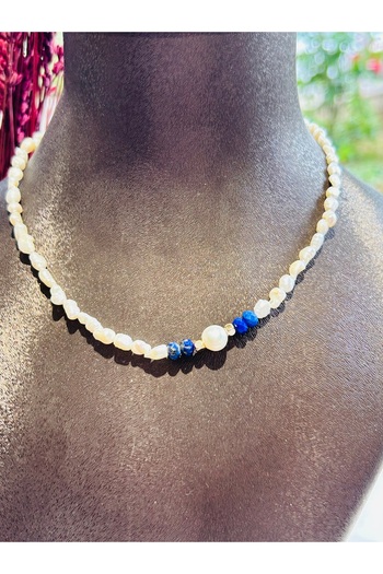 Luna Real Pearl Necklace - Lapis Lazuli and Natural Stone Detail