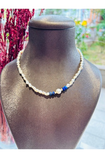 Luna Real Pearl Necklace - Lapis Lazuli and Natural Stone Detail