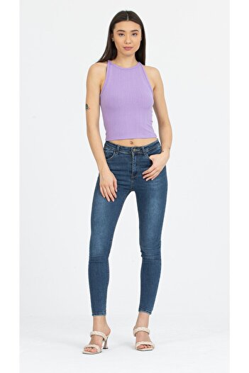 Kallisto Lilac Ribbed Halter Collar Knitted Crop Tank Top
