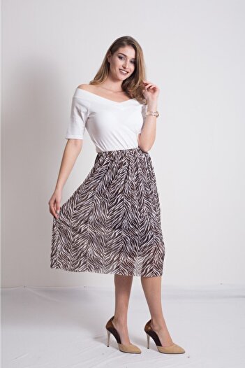 Kallisto Brown Patterned Pleated Elastic Waist Lined Midi Skirt