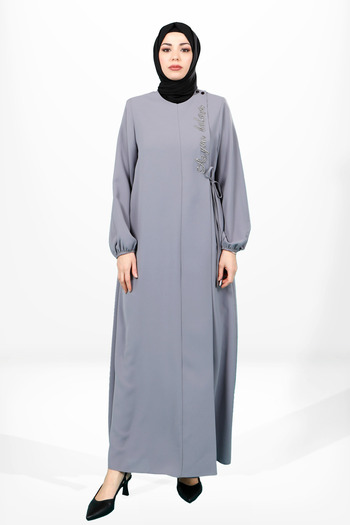 Beyza Γκρι Α-Line Side Tie Sleeve Elastic Hijab Ferace 3906