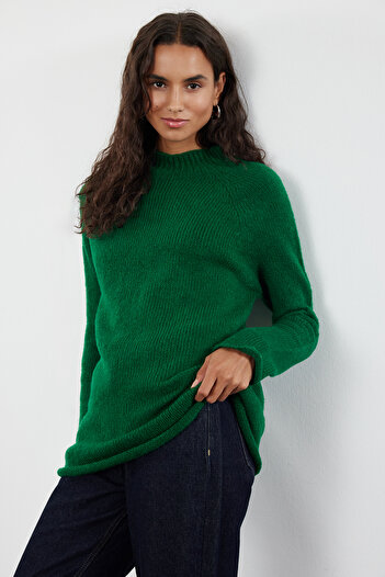 Trendyol Collection Pulover din tricot moale, fără sudură, cu guler vertical verde - TWOAW25KZ00048