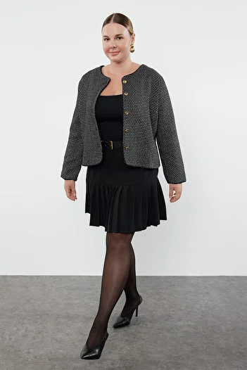 Trendyol Curve Tweed Buttoned Jacket - Black-White Plaid, Lined TBBAW25AG00000