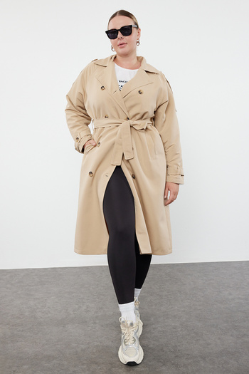 Trendyol Curve Maxi Beige Regular Fit Technical Fabric - Seasonal Trench Coat with Belt TBBAW25BM00002