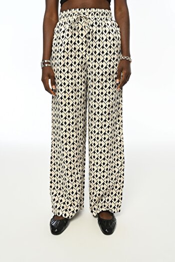 Orfeo Negro Patterned Women's Trousers - Elastic Waist, Wide Leg