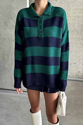 MODAGEN Nefti Green Women's Knitwear Sweater with Polo Collar and Button Detail