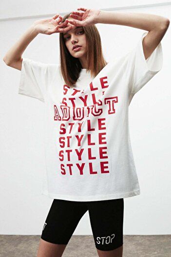 GRIMELANGE Λευκό μπλουζάκι Oversize - 100% οργανικό βαμβάκι, λαιμόκοψη, τυπωμένη φόρμα κειμένου