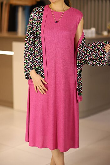 Samsara Kadın Pembe Büyük Beden Örme Elbise Üzeri Saten Hırka