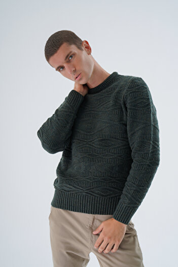 Trist Star Linx Diamond Patterned Men's Knitwear Sweater - Khaki Crew Neck TRIST-5332