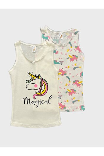 elmas kids Girl's Cotton White Unicorn Patterned 2-Piece Undershirt