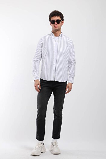Keep Out Men's Thin Straight Striped Long Sleeve Shirt Black