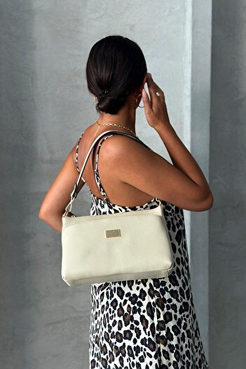DERKON Oxnova model Cream Colored Genuine Leather Crossbody Bag - Hem Handle Design