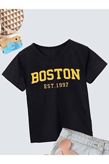 VASK Tricou negru pentru copii, unisex, confortabil, din bumbac, imprimat
