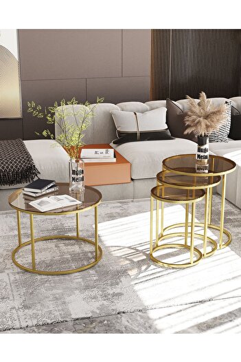 Huga Metal Ceylin 60cm Orta Ve Zigon Sehpa Seti Gold Bronz