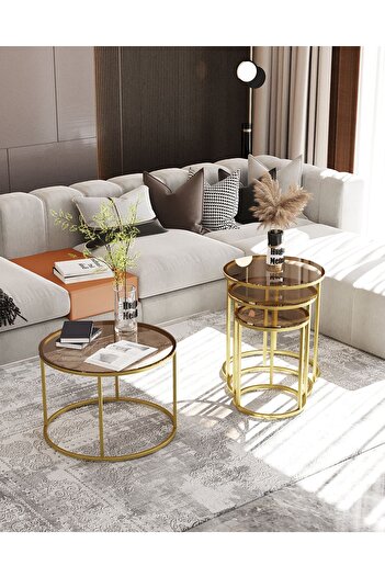 Huga Metal Ceylin 60cm Orta Ve Zigon Sehpa Seti Gold Bronz