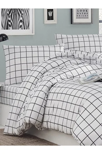 CARWEN TEKSTİL Black Checkered Natural Ranforce Cotton Duvet Cover Set Double