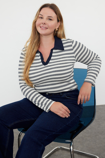 Trendyol Curve Plus Size Navy Blue Camisole Knitted Cotton Blouse