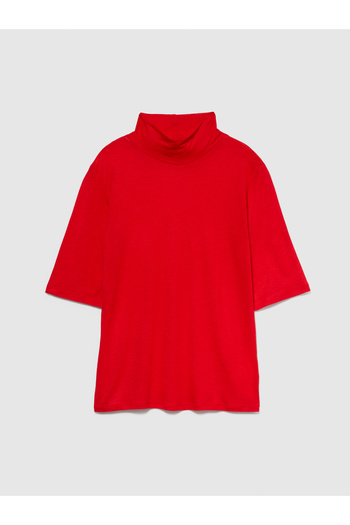 Sisley Red Wool Blended Women's T-shirt - Stand Collar