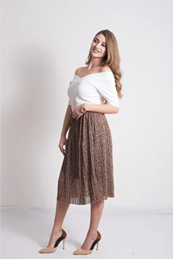 Kallisto Brown Leopard Patterned Pleated Elastic Waist Lined Midi Skirt
