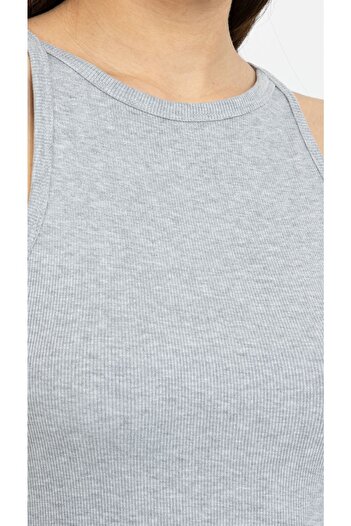 Kallisto Gray Melange Ribbed Halter Collar Knitted Crop Tank Top