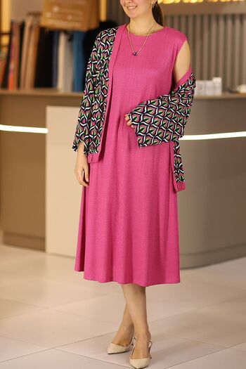 Samsara Kadın Pembe Büyük Beden Örme Elbise Üzeri Saten Hırka