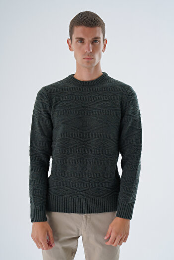 Trist Star Linx Diamond Patterned Men's Knitwear Sweater - Khaki Crew Neck TRIST-5332