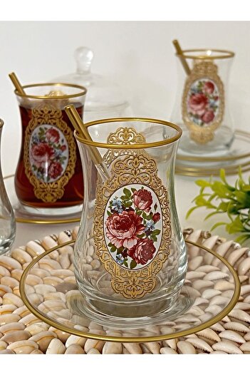 SAMSA Gold Rose Patterned Model Glass Cup Plate 6-Person Tea Set 6-Person Tea Set