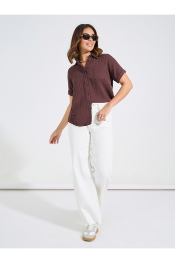 Styli Cotton Gauze Textured Shirt with Turn-Up Sleeves