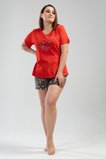 VİENETTA Plus Size Cotton Pajamas Set with Shorts - Short Sleeve