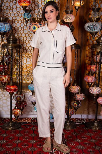 VİENETTA Linen Short Sleeve Pajamas Set - Shirt Collar, Buttoned, 312002