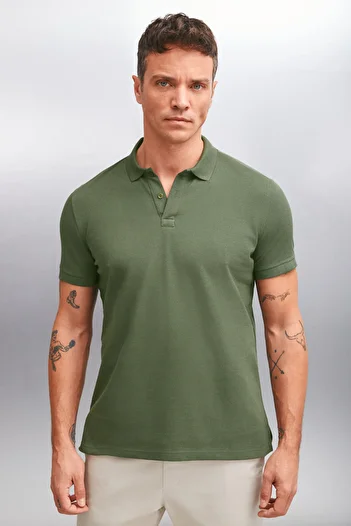 GRIMELANGE MARTEN pánské 100% bavlněné tričko Regular Fit Khaki Polo s krátkým rukávem