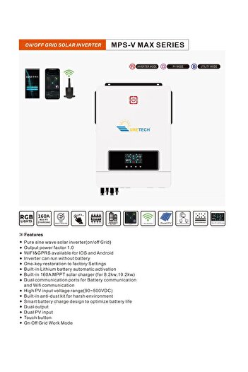 URETECH 10KVA 10KW 10200VA 10200 Watt Tam Sinüs Akıllı MPPT İnverter 48dc-220VAC İnvertör