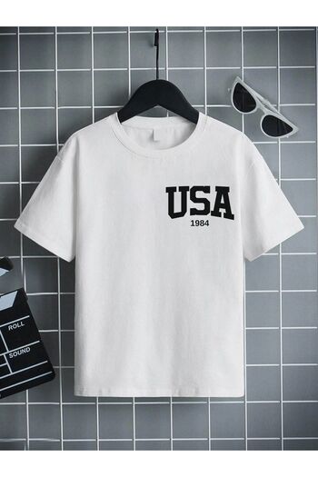 VASK Unisex Άνετο Παιδικό μπλουζάκι από βαμβακερό εμπριμέ λευκό