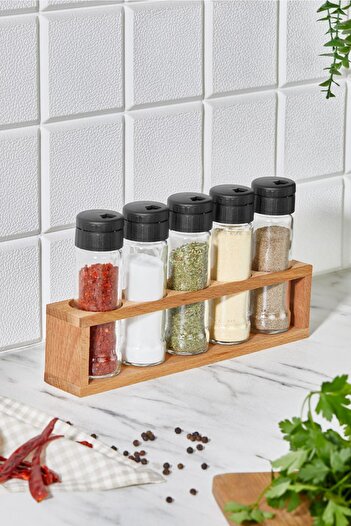 woodsy 5-Piece Salt and Pepper Shakers Set Spice Rack, Spice Rack with Wooden Stand