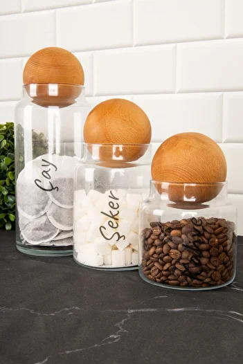 DNS HOME 3-Piece Glass Jar Set with Wooden Ball Lid and Transparent Label 1300 ml-800 ml-500 ml Storage Container