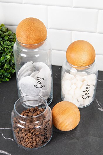 DNS HOME 3-Piece Glass Jar Set with Wooden Ball Lid and Transparent Label 1300 ml-800 ml-500 ml Storage Container