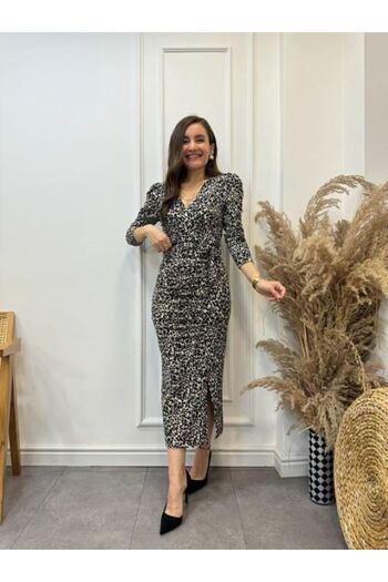 GDS BUTİK Leopar Desenli Kruvaze Yaka Önü Büzgülü Yırtmaçlı Elbise