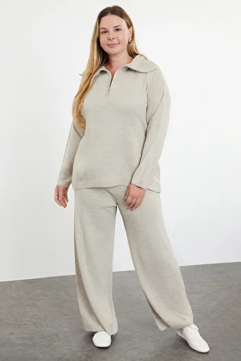 Trendyol Curve Beige Large Size Knitwear Top and Bottom Set