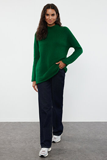 Trendyol Collection Pulover din tricot moale, fără sudură, cu guler vertical verde - TWOAW25KZ00048