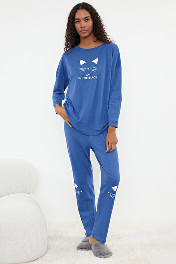 Trendyol Collection Blue 100% Cotton Printed Knitted Pajamas Set Thmaw22Pt0611