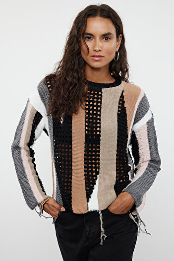Trendyol Collection Pulover din tricot moale, negru, bloc de culoare - ajurat/perforat TWOAW25KZ00034