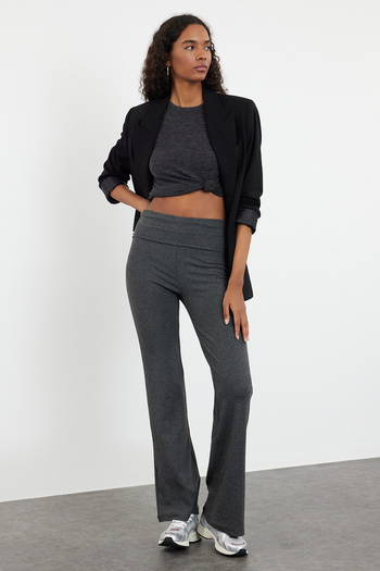 Trendyol Collection Flexible Anthracite Melange Flare Trousers - Spanish Leg, Waist Detail, Interlock Knitted TWOAW25PL00005