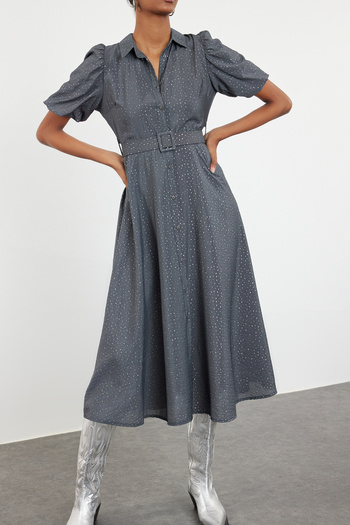 Edit by Trendyol Glittery Anthracite Viscose Midi Shirt Dress - Belted, Woven Twoaw25el00466
