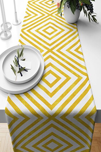 on the clouds Geometric Patterned Yellow and White Stain Runner - Nonsistant Fabric for Living Room and Kitchen Table