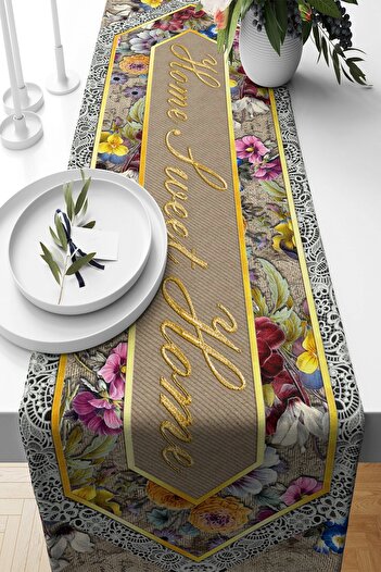 on the clouds Beige Floral Patterned Home Sweet Home Runner - Stain Resistant Fabric, Living Room and Kitchen Table
